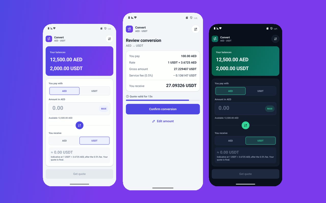 تطبيق تحويل الأصول على ثلاث شاشات: الأرصدة وإدخال المبلغ في الوضع الفاتح، ومراجعة السعر مع تفاصيل الرسوم، والوضع الداكن.