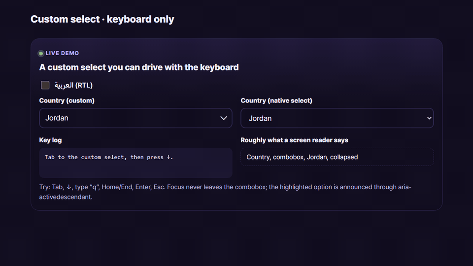 Animation: keyboard focus tabs into a custom select, arrow keys move the highlighted option, type-ahead jumps to Qatar, Enter chooses it, and the same works in Arabic RTL