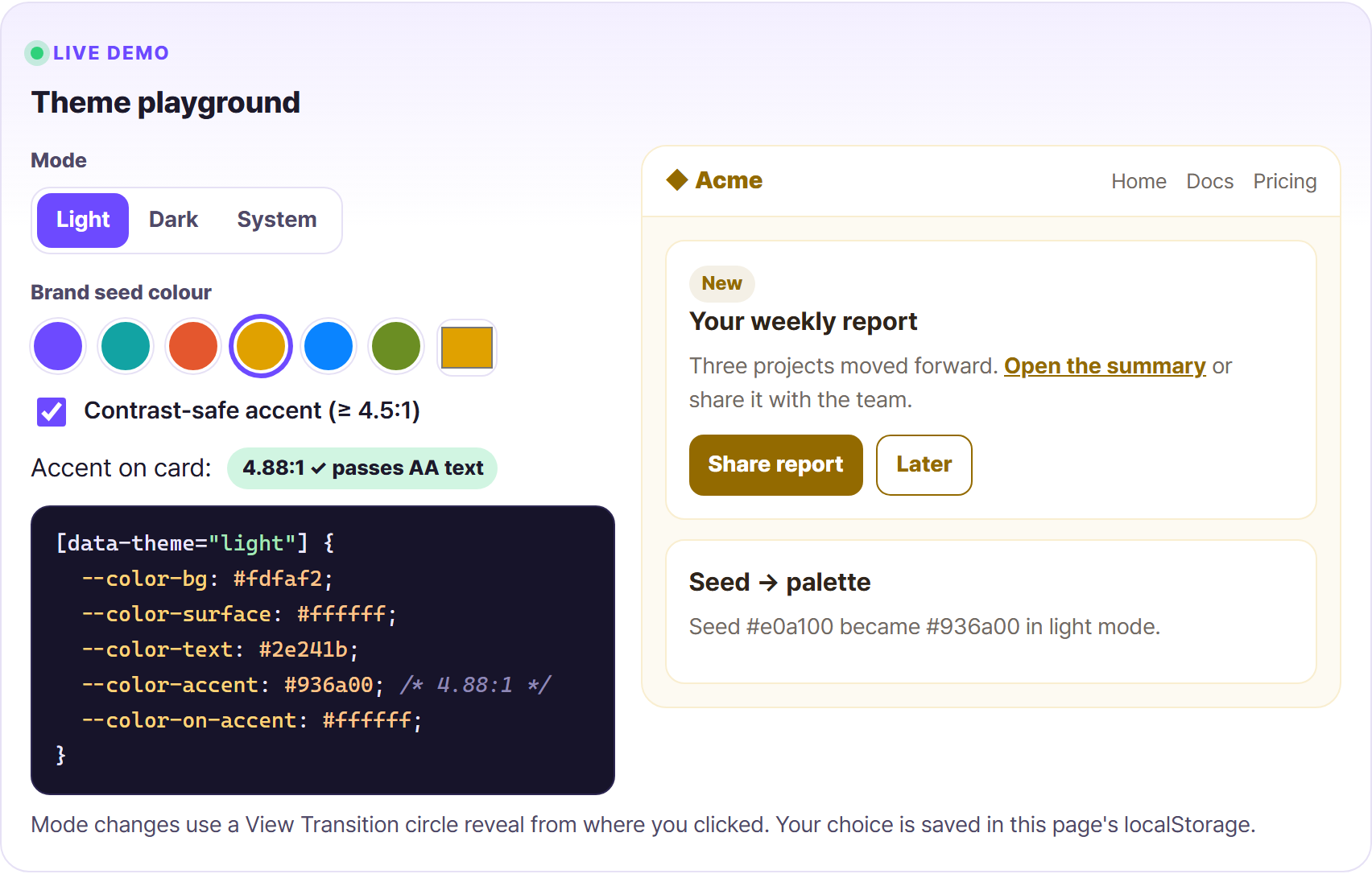 Screenshot of the theme playground: mode switch, brand seed swatches, contrast ratio badge and a themed preview card