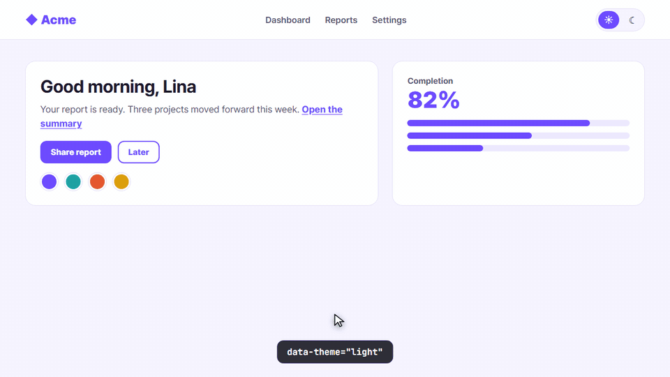 Animation: clicking the dark-mode toggle reveals the dark theme in a growing circle from the toggle, then the accent changes from violet to teal, then the light theme is revealed again
