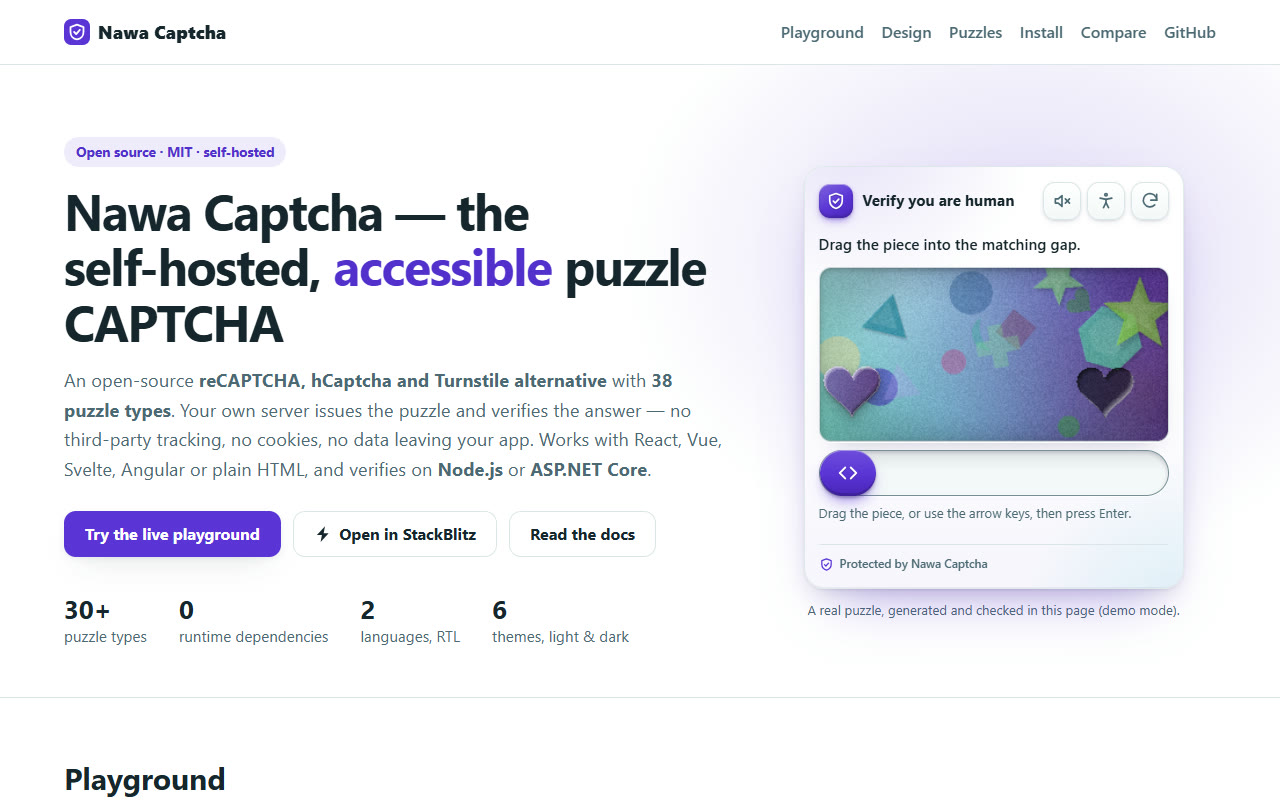 موقع Nawa Captcha: CAPTCHA ألغاز مستضاف ذاتيًا وسهل الوصول مع لغز سحب حيّ، بديل مفتوح المصدر لـ reCAPTCHA و hCaptcha و Turnstile.